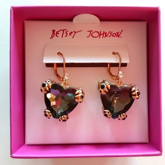 Betsey Johnson Leopard Claw Black Heart Drop Earrings New - Picture 3 of 5